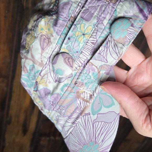 Purple Floral Hat 100% Cotton Elastic Back Purple Yellow Teal Cream Cadet Style - Picture 9 of 12